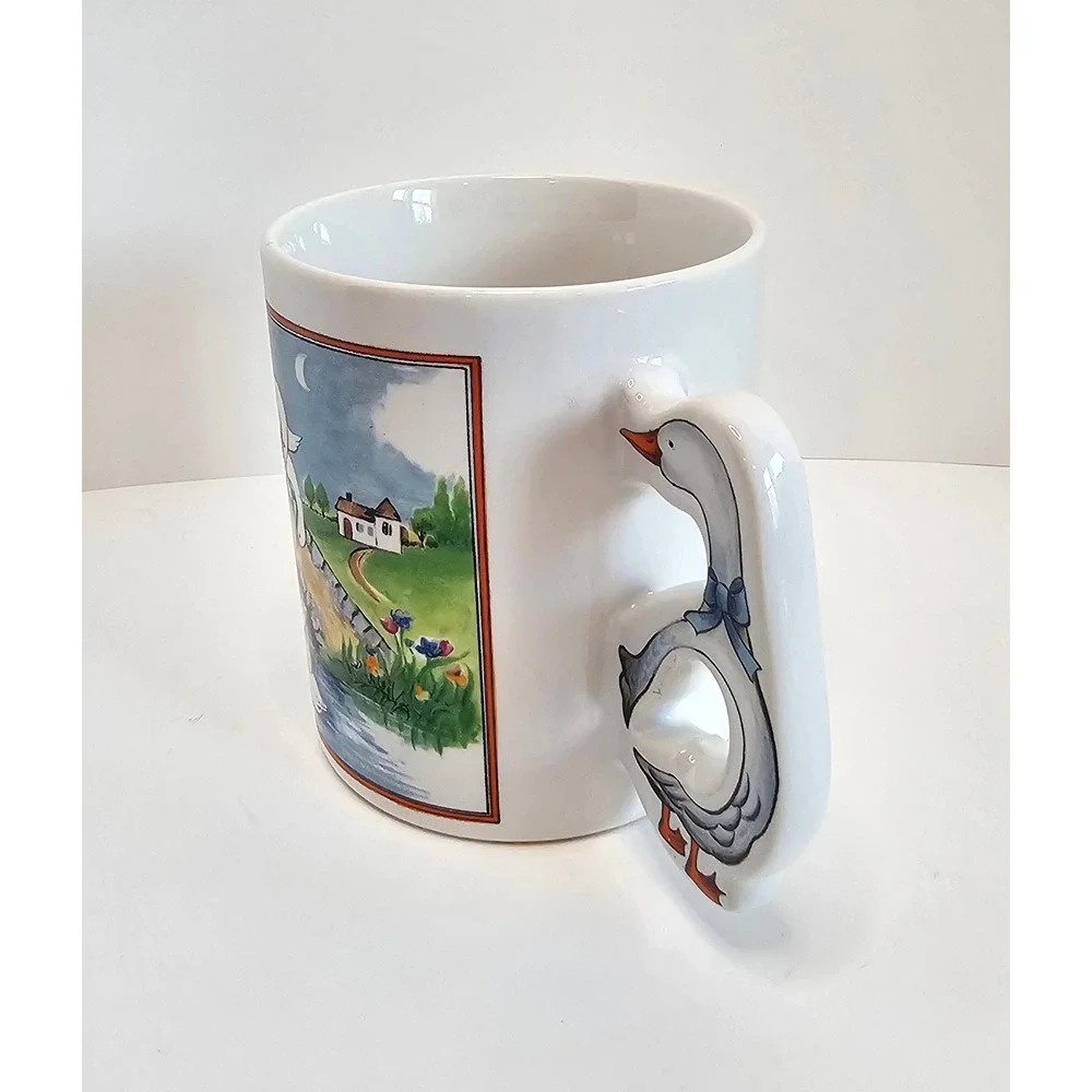80s Country Geese Bridge Mug Sculpted Goose Handle Cottagecore Farmhouse Vintage